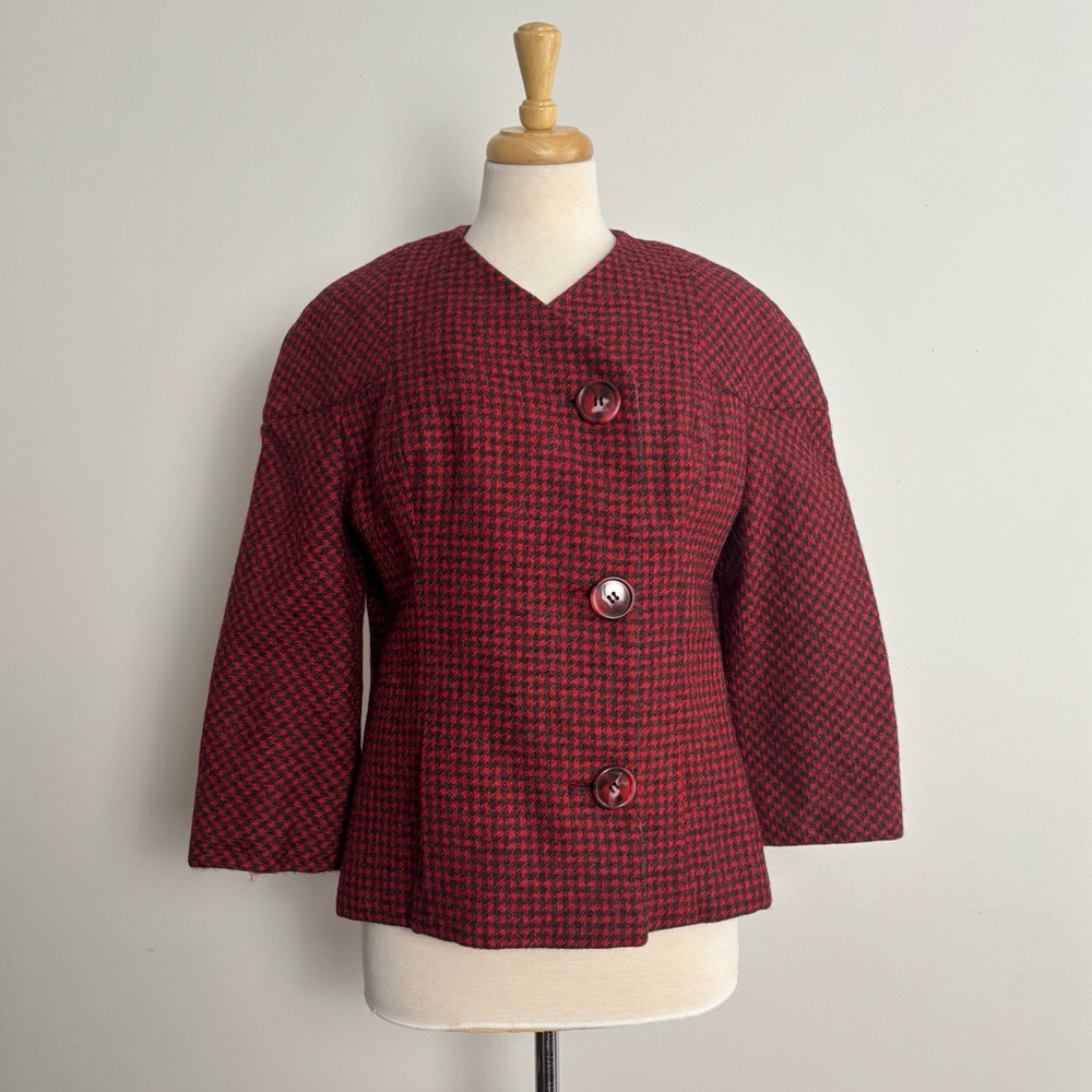 Vintage 1960s GALANOS Red and Charcoal Grey Houndstooth Wool Jacket